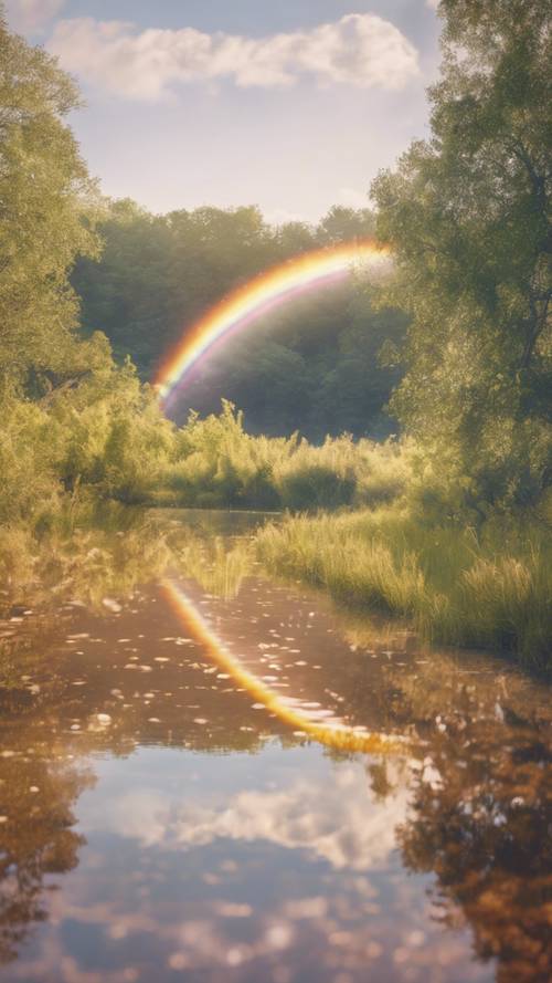 Una foto di un arcobaleno in stile boho in un cielo soleggiato mattutino.