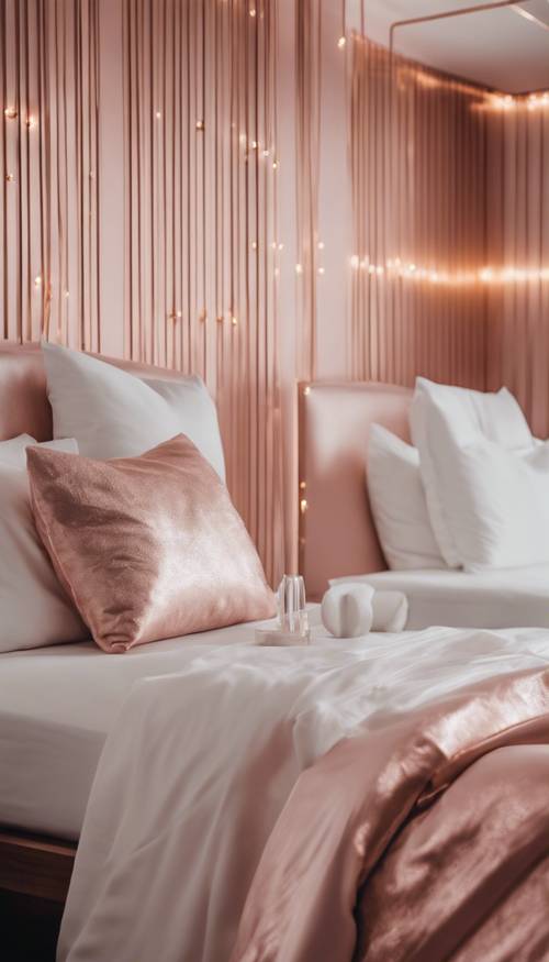 Um quarto minimalista banhado em tom ouro rosa com lençóis brancos.