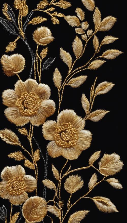 Black velvet background with gold thread embroidered flowers.