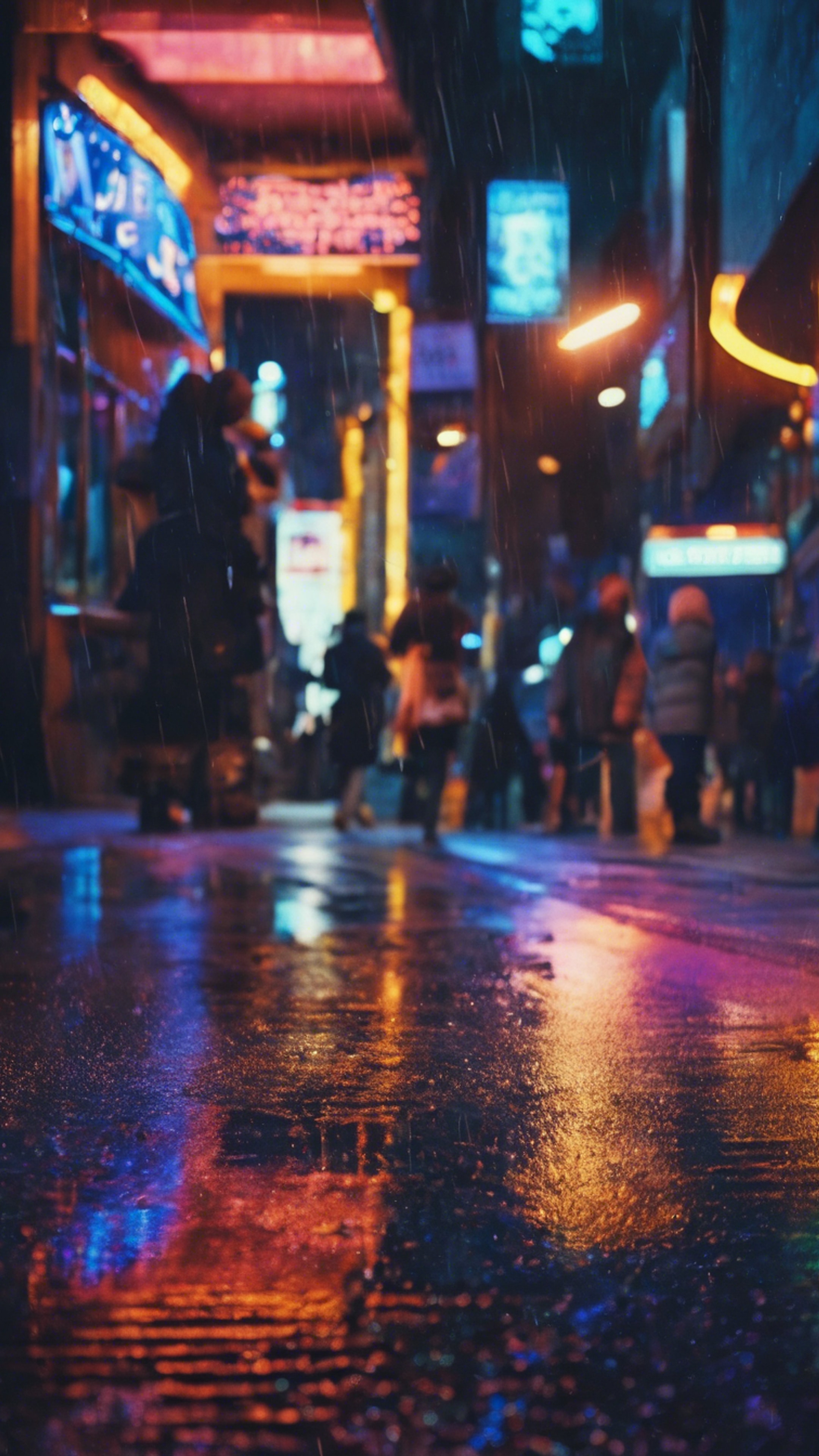 A downtown area in the 70s with neon lights reflecting off a wet royal blue pavement. Wallpaper[cea0268f8c1e405996ef]