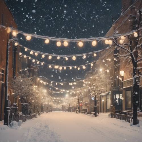 Pemandangan kota yang tertutup salju di malam hari, dengan lampu Natal berkelap-kelip riang dan hujan salju lembut menutupi langit.