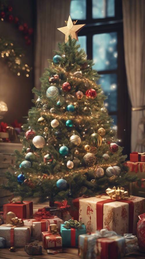 Ilustrasi pohon Natal antik yang dihiasi ornamen buatan tangan dan bungkus kado dalam berbagai bentuk dan ukuran yang diletakkan di dasarnya.