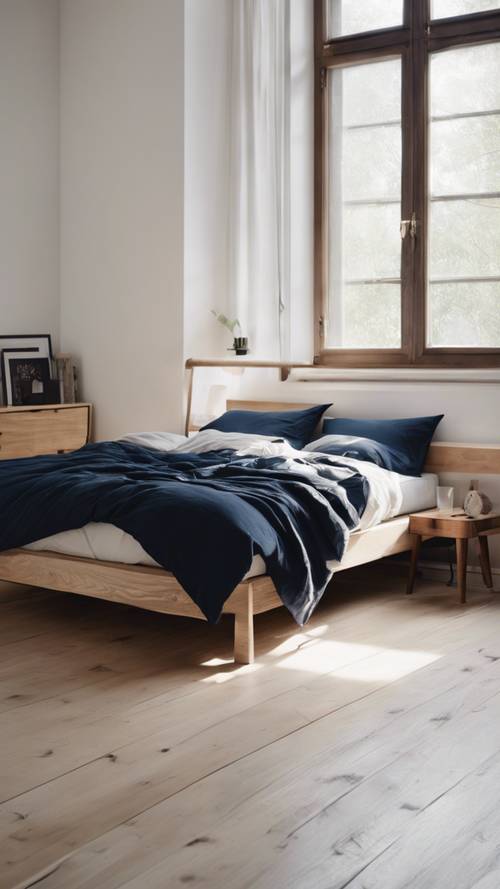 清潔な白い壁と木製の床が特徴のミニマリストインテリアの寝室。ネイビーリネンの布団カバーセットも素敵