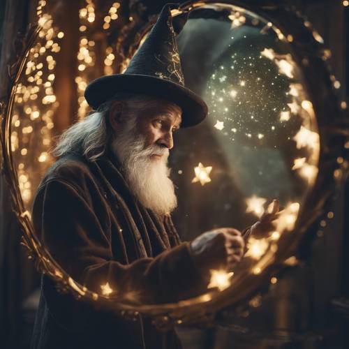 Um velho barbudo com chapéu de mago observando estrelas refletidas em um espelho místico.