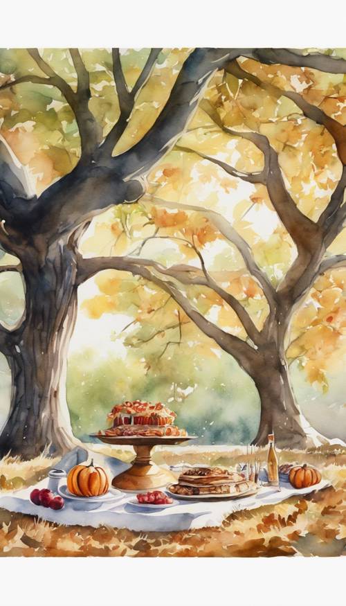 A watercolor of a picnic under towering oak trees decorated with beautiful hand painted Thanksgiving decorations.