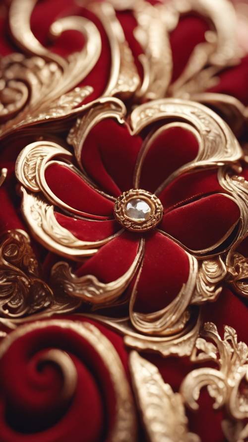 A sumptuous, crimson velvet swirled with rich gold detailing, kissed by the soft touch of evening setting sun.