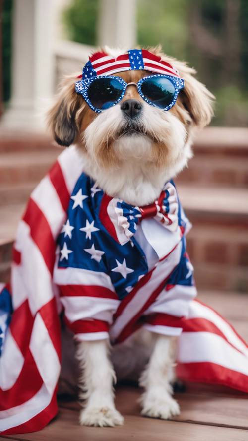 Friendly pets wearing patriotic outfits amidst a Fourth of July celebration.
