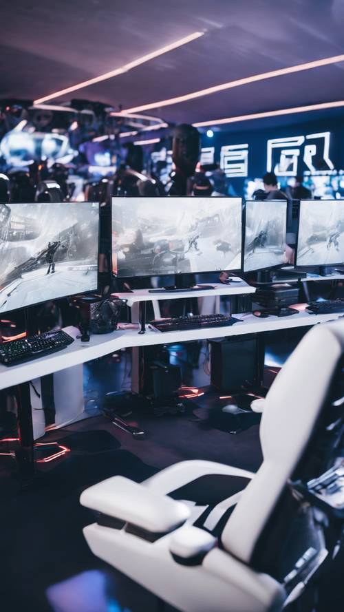 A sleek white esports arena filled with high-end gaming computers. Tapeta [ce62193638184d35b679]