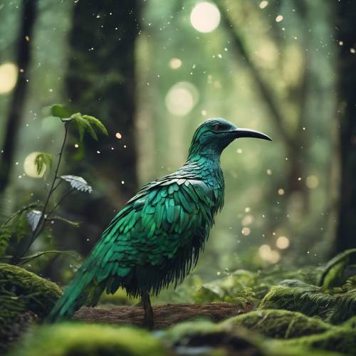 Un oiseau préhistorique aux plumes vert métallisé, au milieu d’une forêt ancienne.