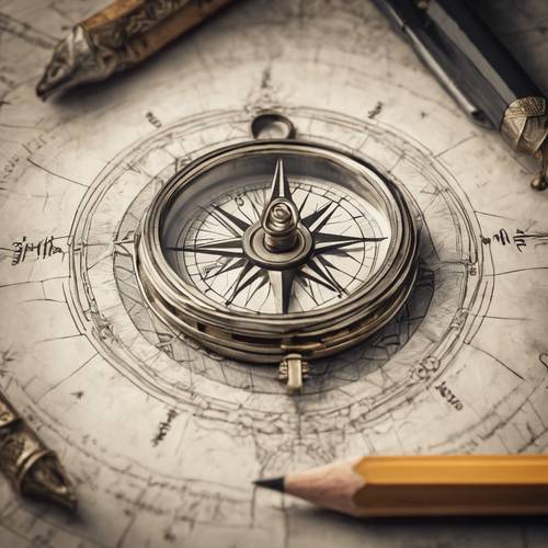 Sketsa pensil kompas antik yang rumit dengan ikon Bintang Utara disorot secara mencolok.