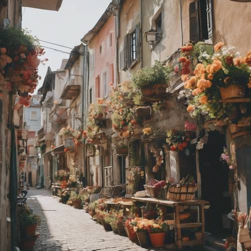 Kota pedesaan yang penuh dengan rumah-rumah vintage yang menawan, balkon yang dipenuhi bunga, dan pasar jalanan yang ramai.
