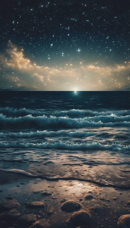海上星光灿烂的夜晚，星星倒映在平静的水面上。