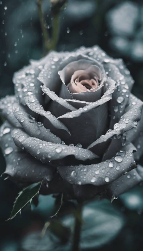 一朵灰色玫瑰的特寫鏡頭，花瓣上有水滴。