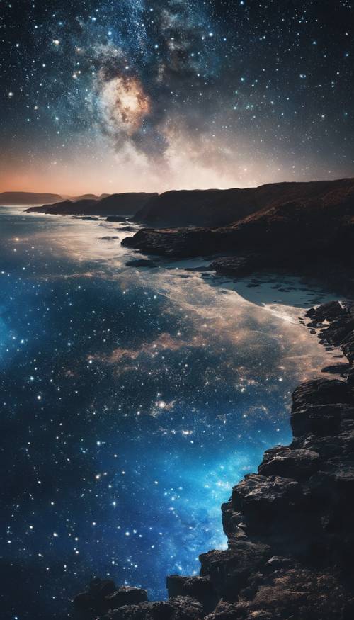 這是一個超現實的天體海灣，天空由深黑色和充滿活力的藍色錯綜複雜地交織而成，閃爍的星星散佈在各處。