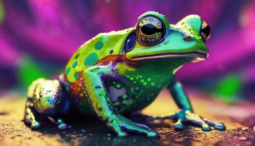 A funky frog with bright green spots, against a psychedelic background