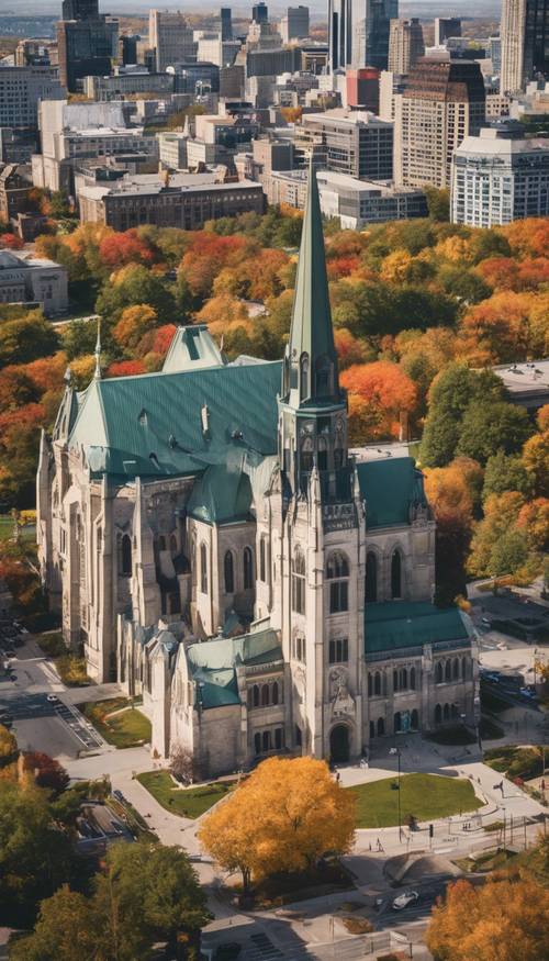 Una exhibición vibrante de los famosos monumentos de Montreal, como la Basílica de Notre-Dame, el Oratorio de San José y la Universidad McGill durante el día.