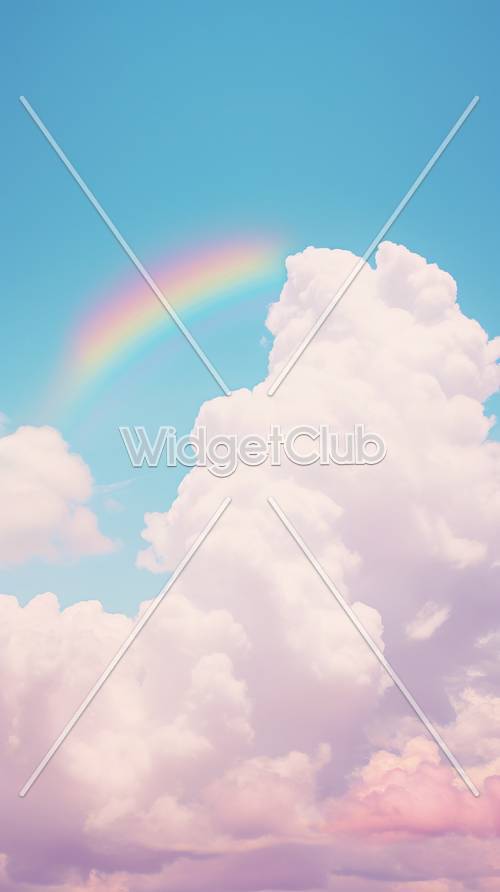 カラフルな虹がふわふわ雲をかける壁紙