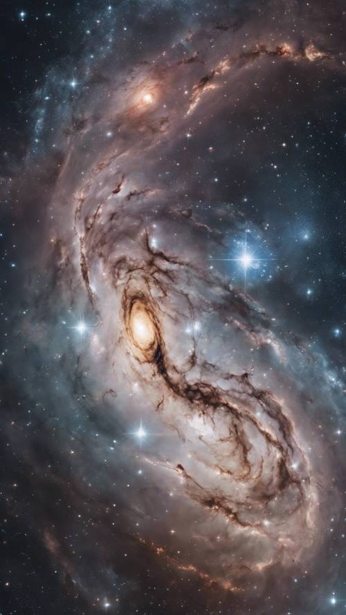 תמונה מרתקת של גלקסיה עם ערפילית מסתחררת, מודגשת בגוונים חדים, אפורים-כסופים.
