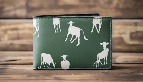 Un elegante diseño con estampado de vaca en color verde salvia y blanco en una billetera de mujer de alta costura.