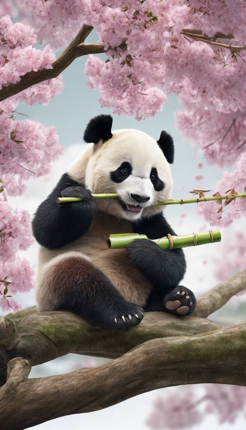 A giant panda munching happily on a bamboo branch under a spread Sakura tree.