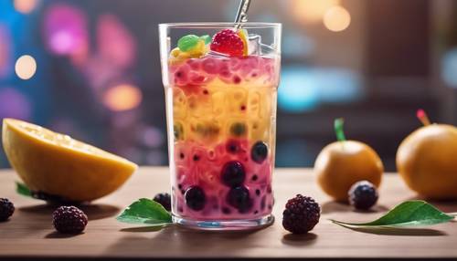 Close-up view of clear boba tea with vibrant fruit popping boba bursting with flavors.
