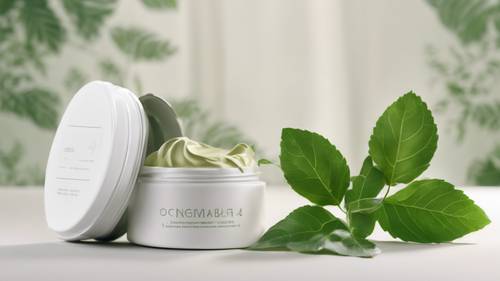 Crème biologique dans un tube blanc minimaliste avec des feuilles vertes en arrière-plan.
