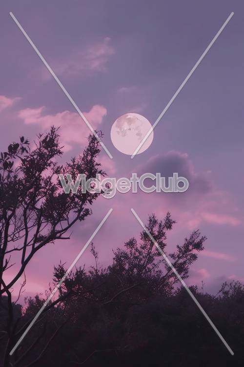 Purple Moon and Silhouetted Trees