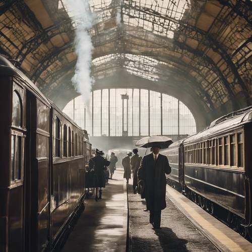 A 1930s vintage train station, bustling with passengers and shrouded in steam