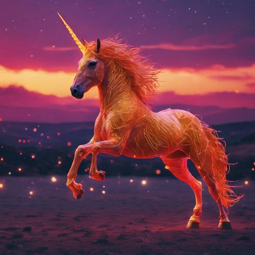 Un vibrante unicorno arancione neon, che impenna sotto un cielo crepuscolare elettrizzato.