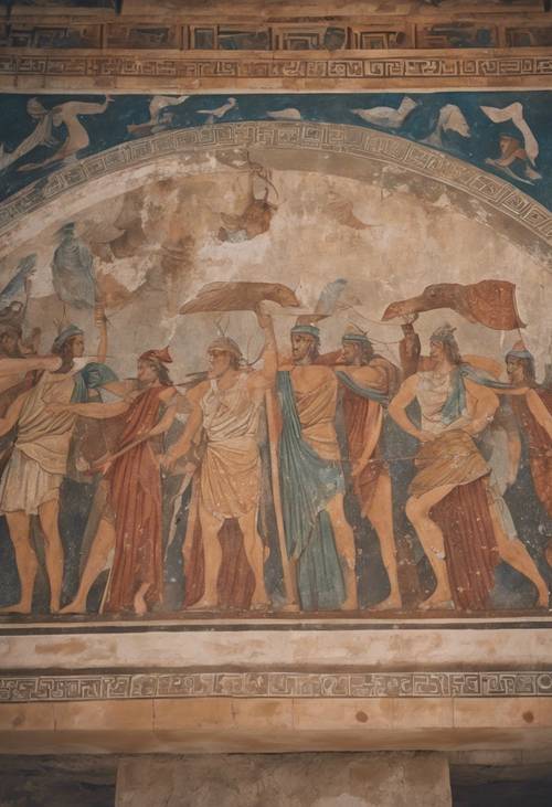 Un antiguo mural en un anfiteatro griego que presenta figuras mitológicas realizando hazañas épicas.