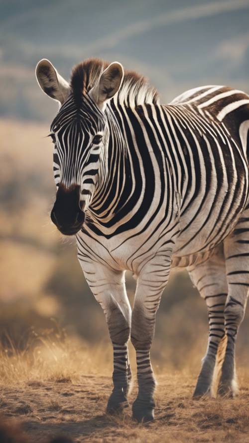 A zebra standing majestically atop a hill, its mane fluttering in the wind.