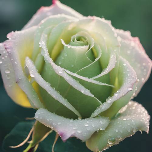 Eine einzelne, perfekte Rosenblüte in Pastellgrün, taufrisch im sanften Licht der Morgendämmerung.