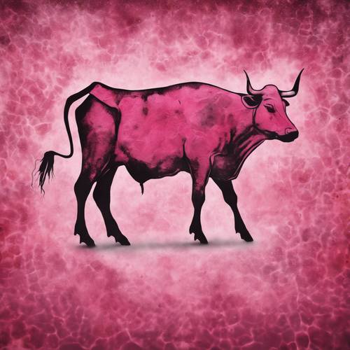 Pittura rupestre primitiva raffigurante una possente mucca rosa.