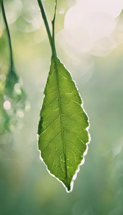 Eine Nahaufnahme eines taubenetzten grünen Blattes, das zart im Morgenlicht hängt.