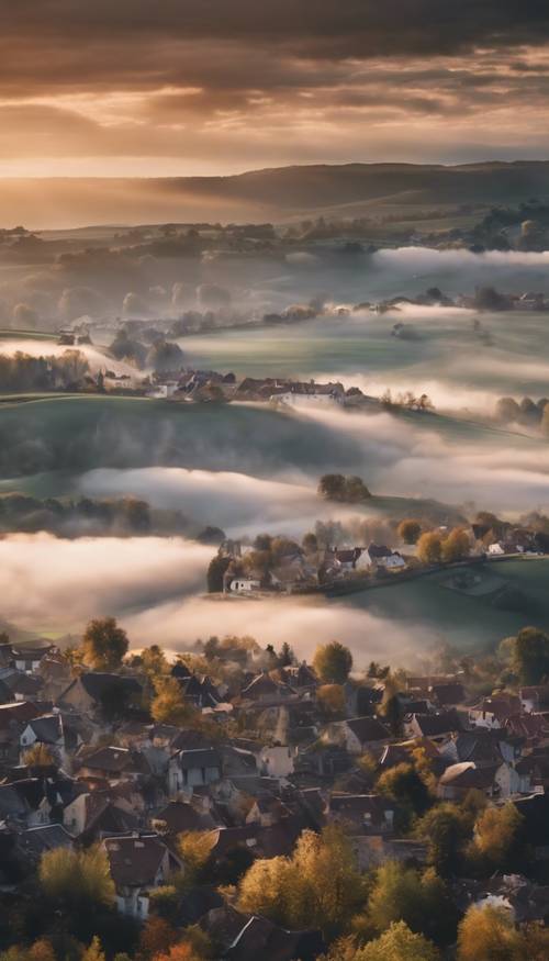 ענני שכבה מונחים נמוך מעל עיירה כפרית ציורית עם עלות השחר.