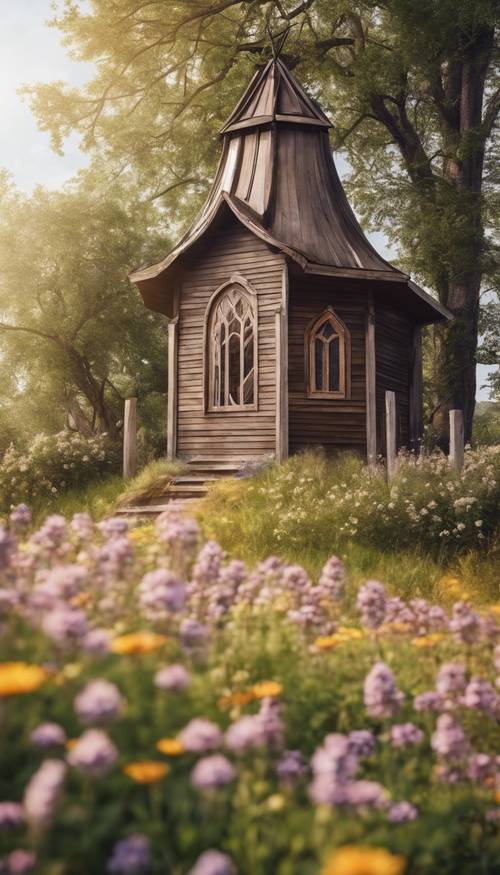 Prosta i skromna drewniana kaplica chrześcijańska położona wśród kwitnących polnych kwiatów.