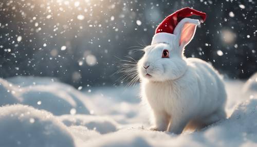 Kelinci putih bertopi Santa, melompat melewati salju yang turun.