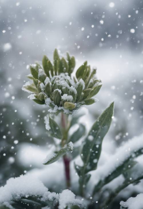 一朵鼠尾草綠色的花朵在白雪皚皚的冬天盛開。