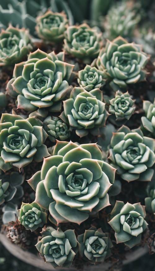 A close-up of sage green succulent plants capturing the intricate patterns of their rosette shapes. Tapéta [171fcf4c44a64269b228]