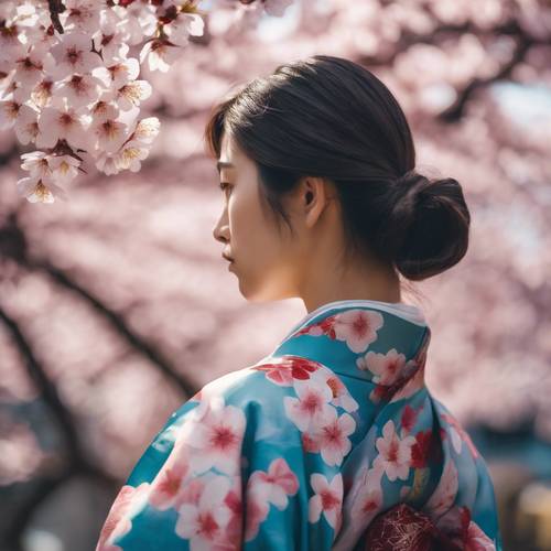 Una joven con un kimono floral bajo un deslumbrante despliegue de flores de cerezo en Japón. Fondo de pantalla [02c0d617a0bf4363a0a7]