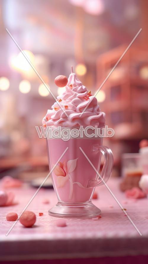 예쁜 핑크색 휘핑크림 디저트 음료