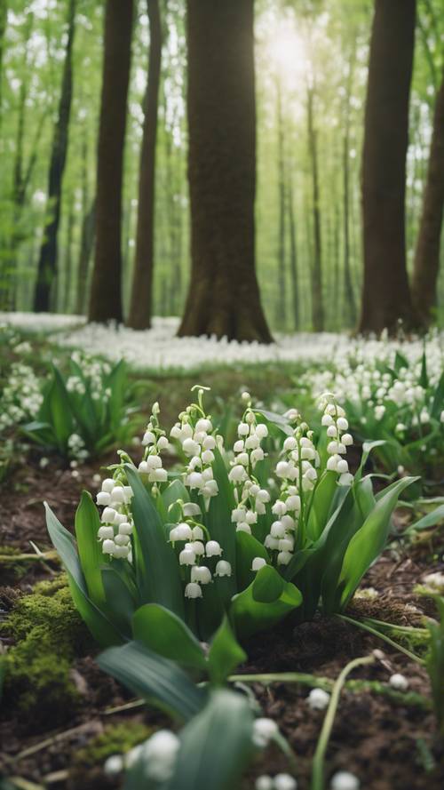Pemandangan hutan yang tenang di tengah musim semi dengan banyak bunga Lily of the Valley yang bermekaran.