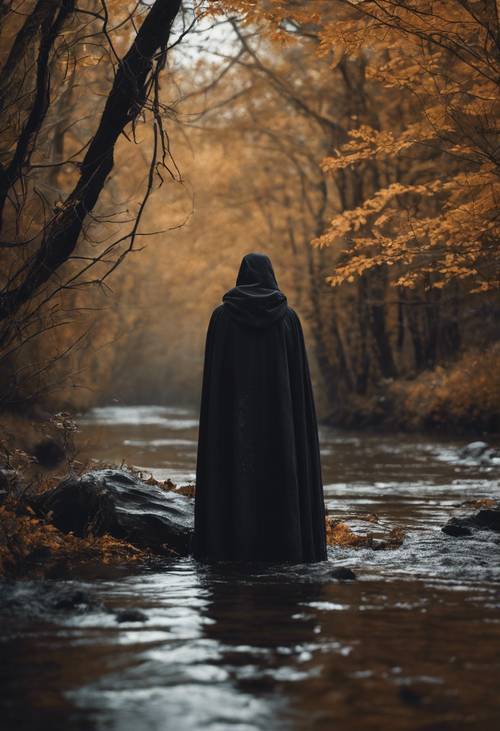 가을 숲의 으스스한 검은 개울 옆에 검은 망토를 입은 남자가 서 있습니다.