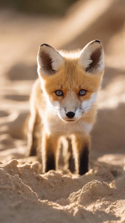 An orange and white fox pup enthusiastically digging a hole in a sun-drenched sandy area, its nose dusted with sand particles.
