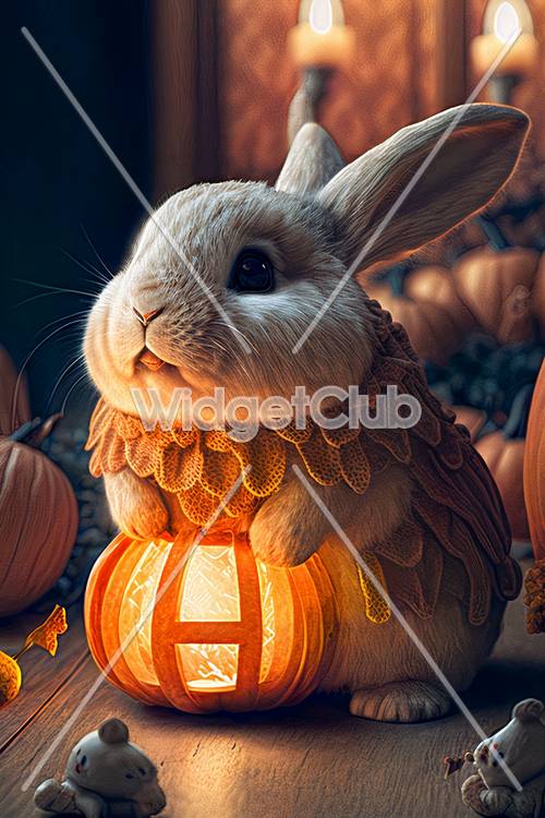 Cute Bunny with a Pumpkin Lantern