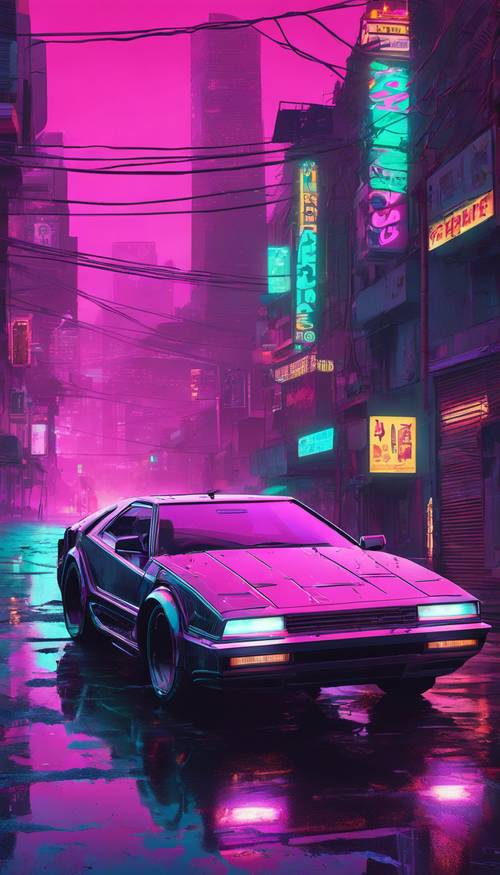 Um elegante carro cyberpunk com detalhes em neon circulando em uma cidade encharcada de chuva à noite.