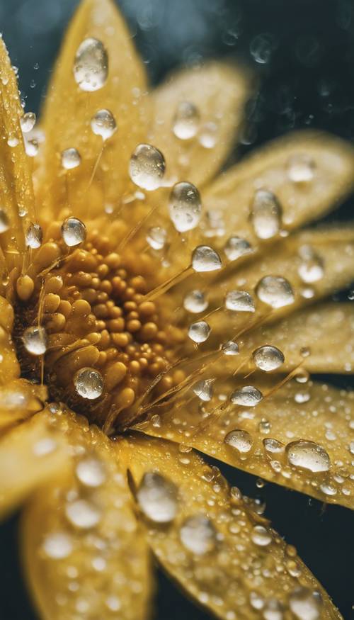 Foto close up tetesan embun pada kelopak bunga aster kuning setelah hujan ringan di musim panas.