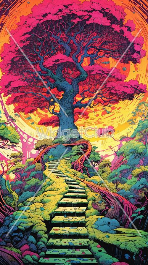 Diseño colorido de escalera y árbol de fantasía
