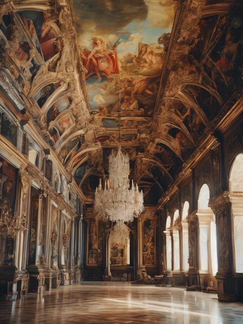 Un sontuoso dipinto di un palazzo rinascimentale decorato pieno di nobili e reali.