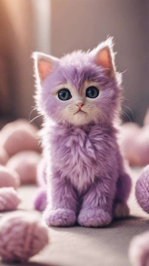 ふわふわの薄紫色の子猫が大きな感情豊かな目で楽しそうに、柔らかいぬいぐるみで遊んでいます